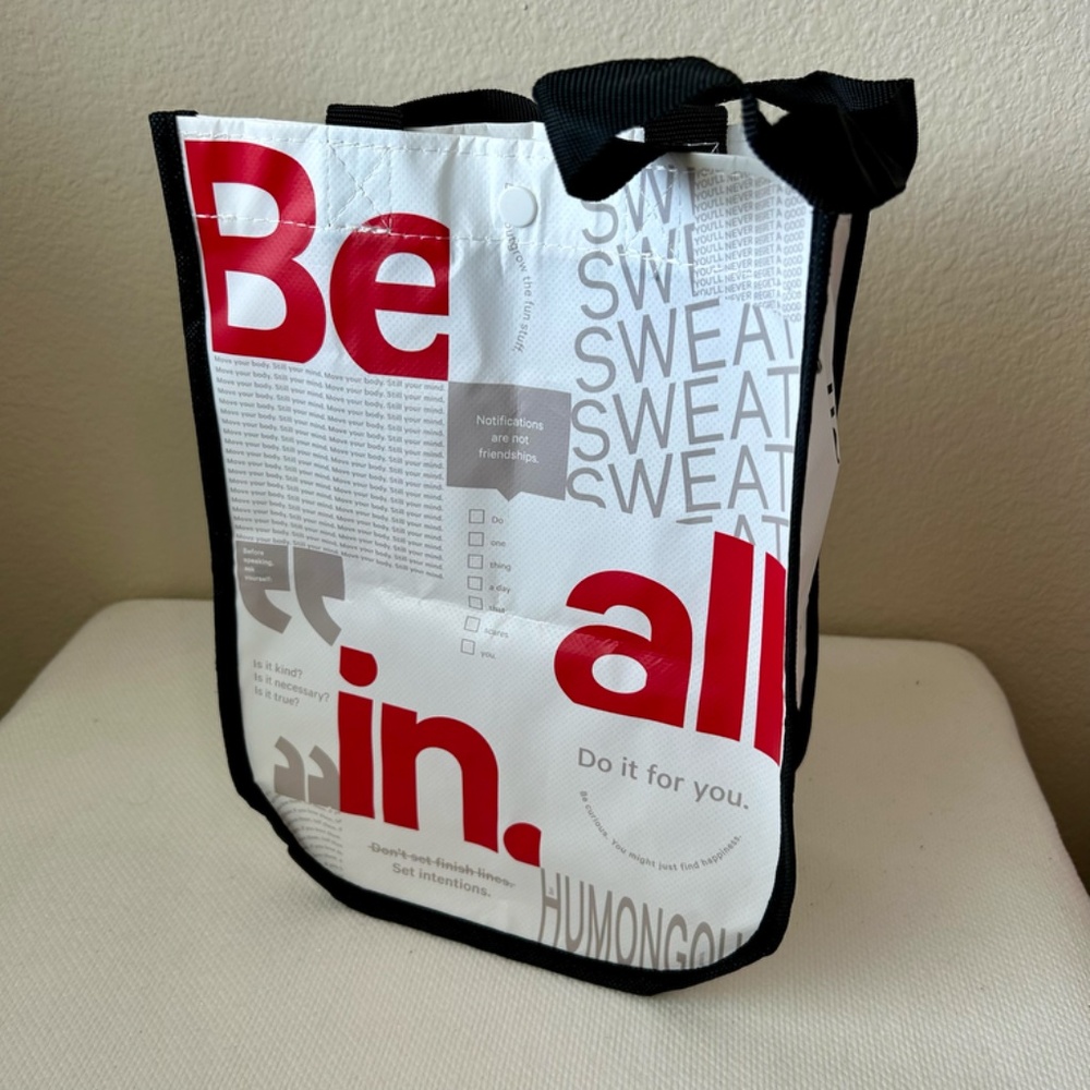 Lululemon Small Tote Bag White and Red Black Handles Snap Closure Inspiration - Picture 3 of 7